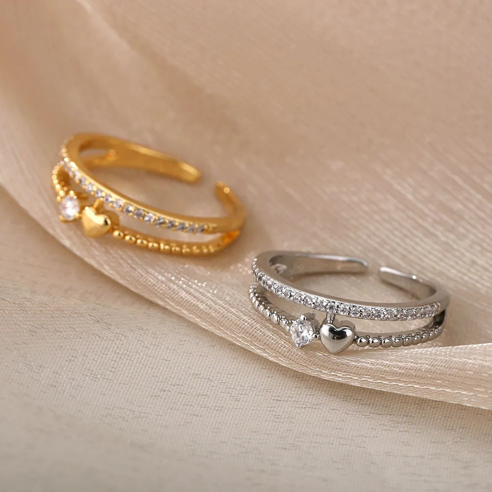 Anéis de coração de zircônia para mulheres, aço inoxidável, cor dourada, coração duplo, casamento, noivado, acessórios de joias, presente, bijuterias