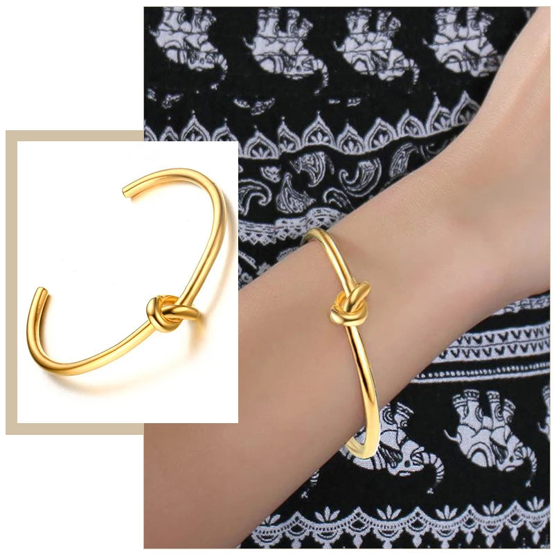 Pulseira de punho de nó estilo candido para mulheres, pulseiras elegantes de aço inoxidável cor dourada, joias de festa das irmãs bff