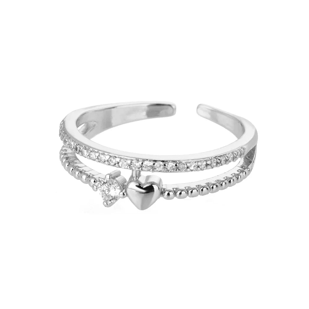 Anel Feminino Ajustável Coração Cravejado de Zircônia
