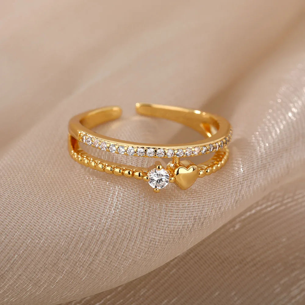Anéis de coração de zircônia para mulheres, aço inoxidável, cor dourada, coração duplo, casamento, noivado, acessórios de joias, presente, bijuterias