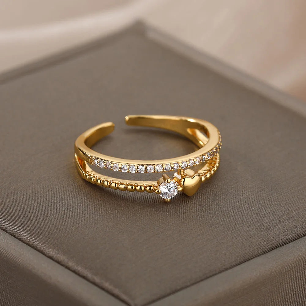 Anel Feminino Ajustável Coração Cravejado de Zircônia