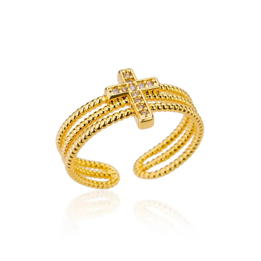 Anel Feminino Ajustável Cruz Cravejada