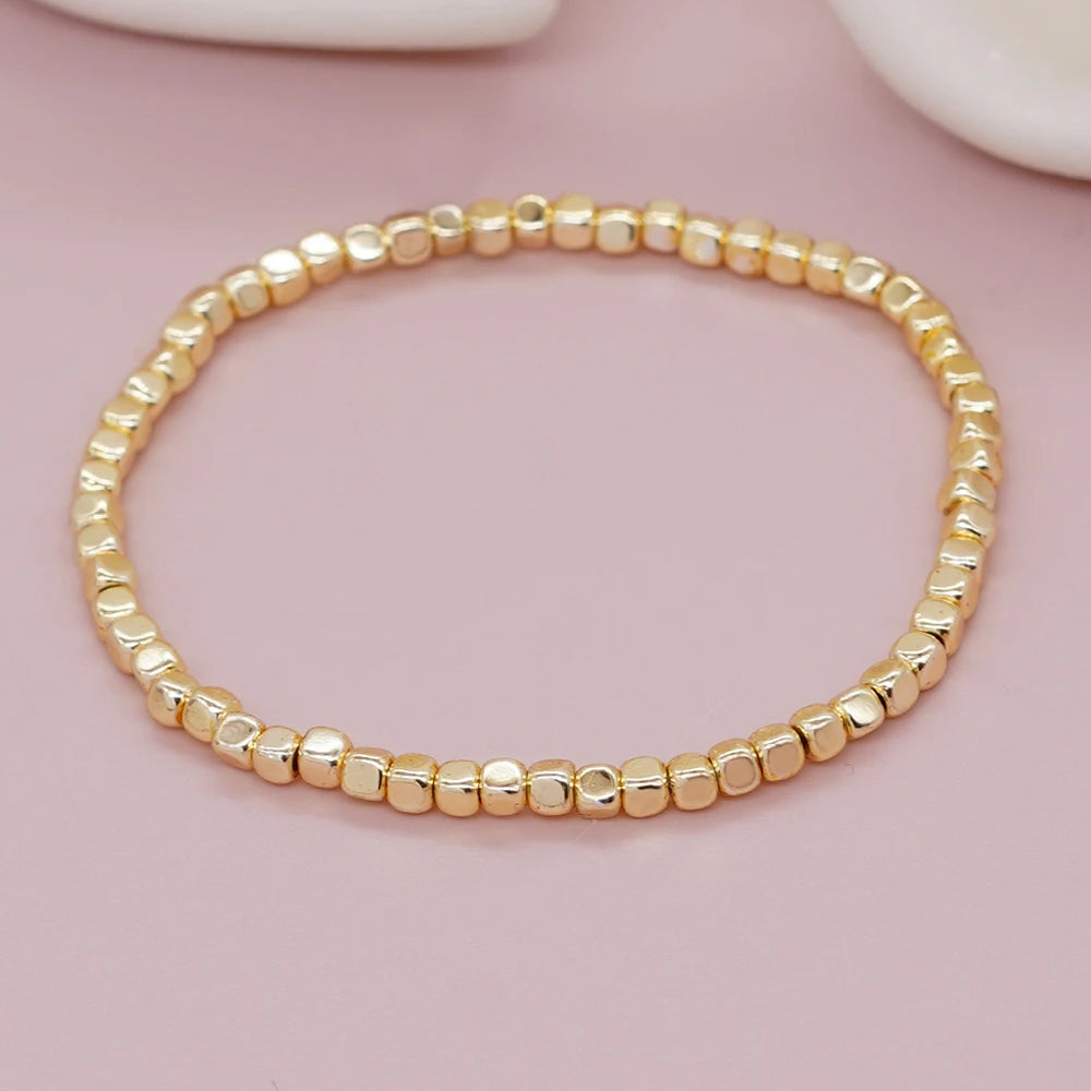 Go2boho pulseiras quadradas de pedra de hematita, contas douradas, empilhamento elástico, feito à mão, moda unissex, joias havaianas na moda