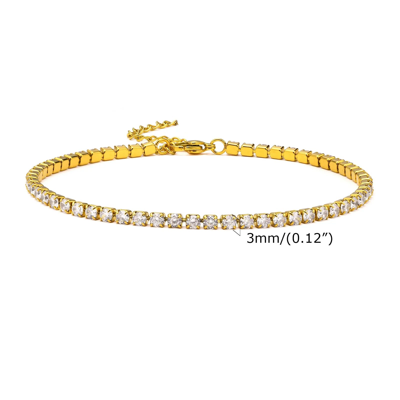 Tornozeleiras de corrente de tênis da moda Bling 3mm para mulheres, cor dourada de aço inoxidável elo ajustável praia férias joias para pés