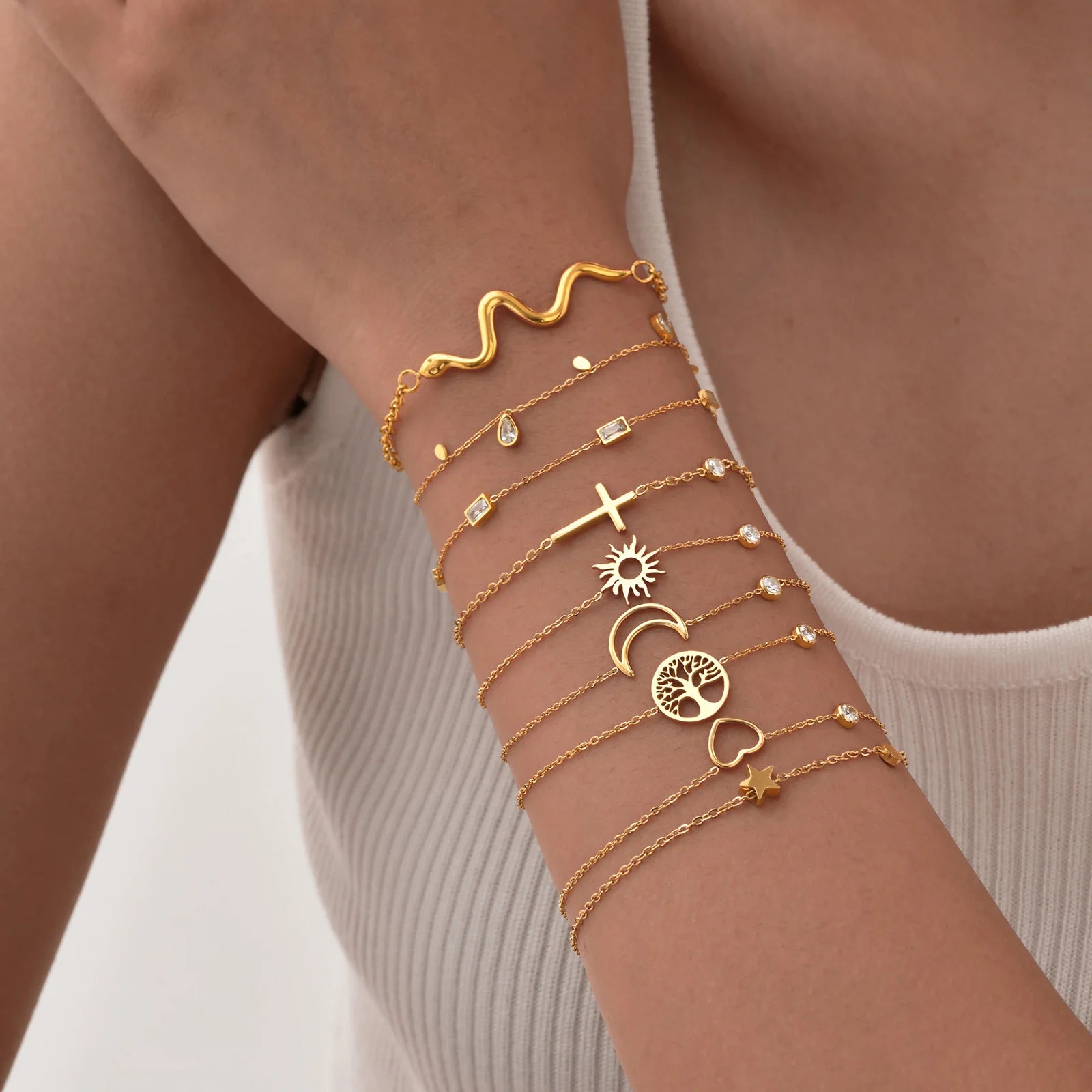 Feminino minimalismo corrente fina cruz lua crescente estrela pulseira, aço inoxidável feminino ligação ajustável empilhado em camadas