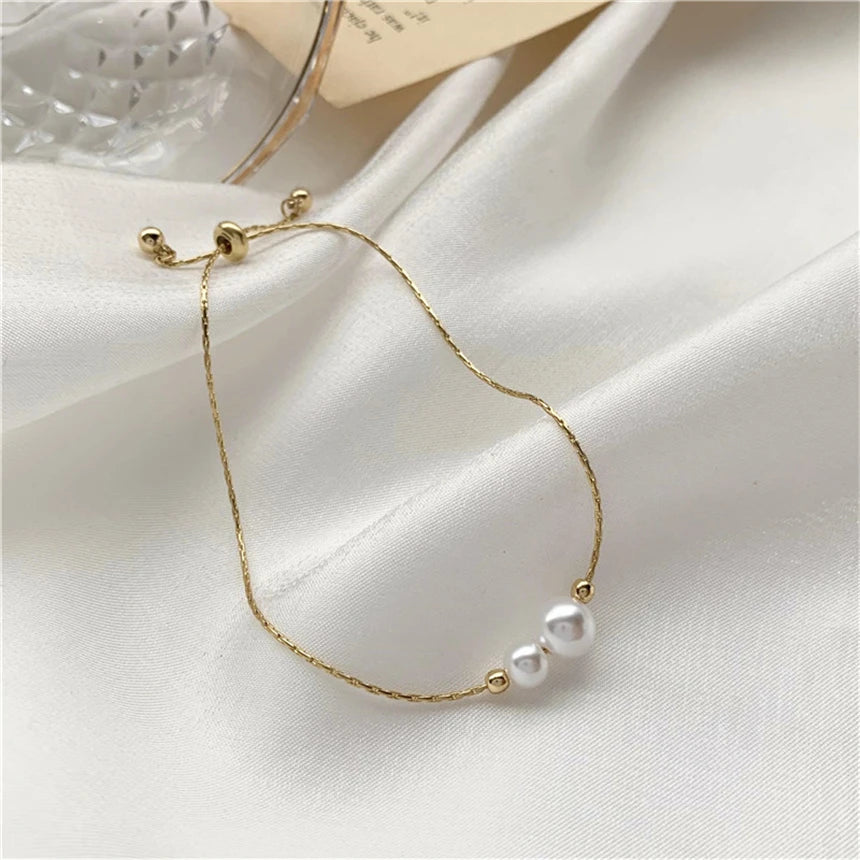 Pulseira de Ouro Feminina Ajustável Perolada
