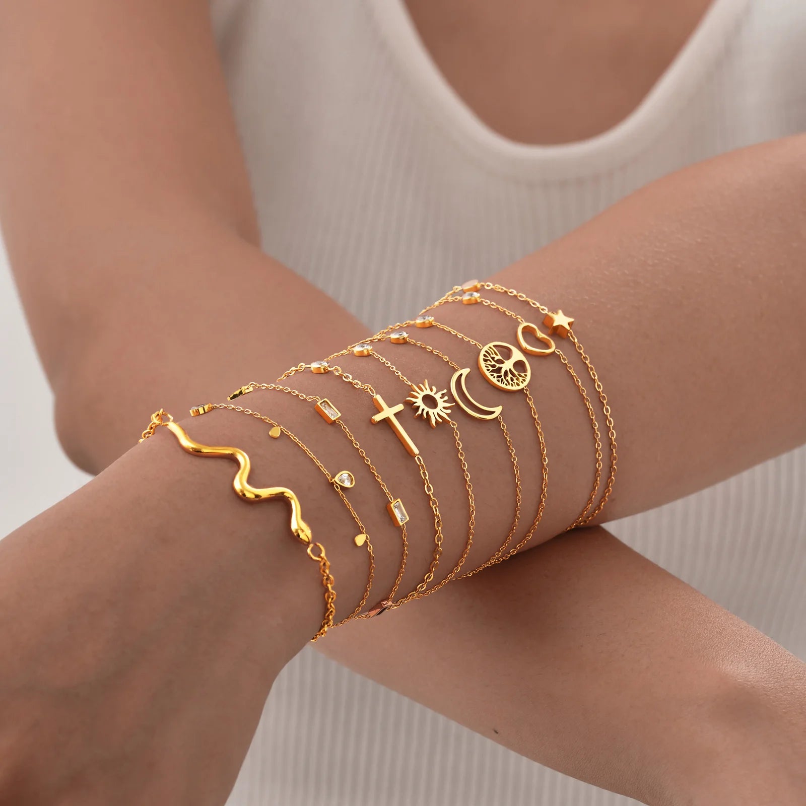 Feminino minimalismo corrente fina cruz lua crescente estrela pulseira, aço inoxidável feminino ligação ajustável empilhado em camadas