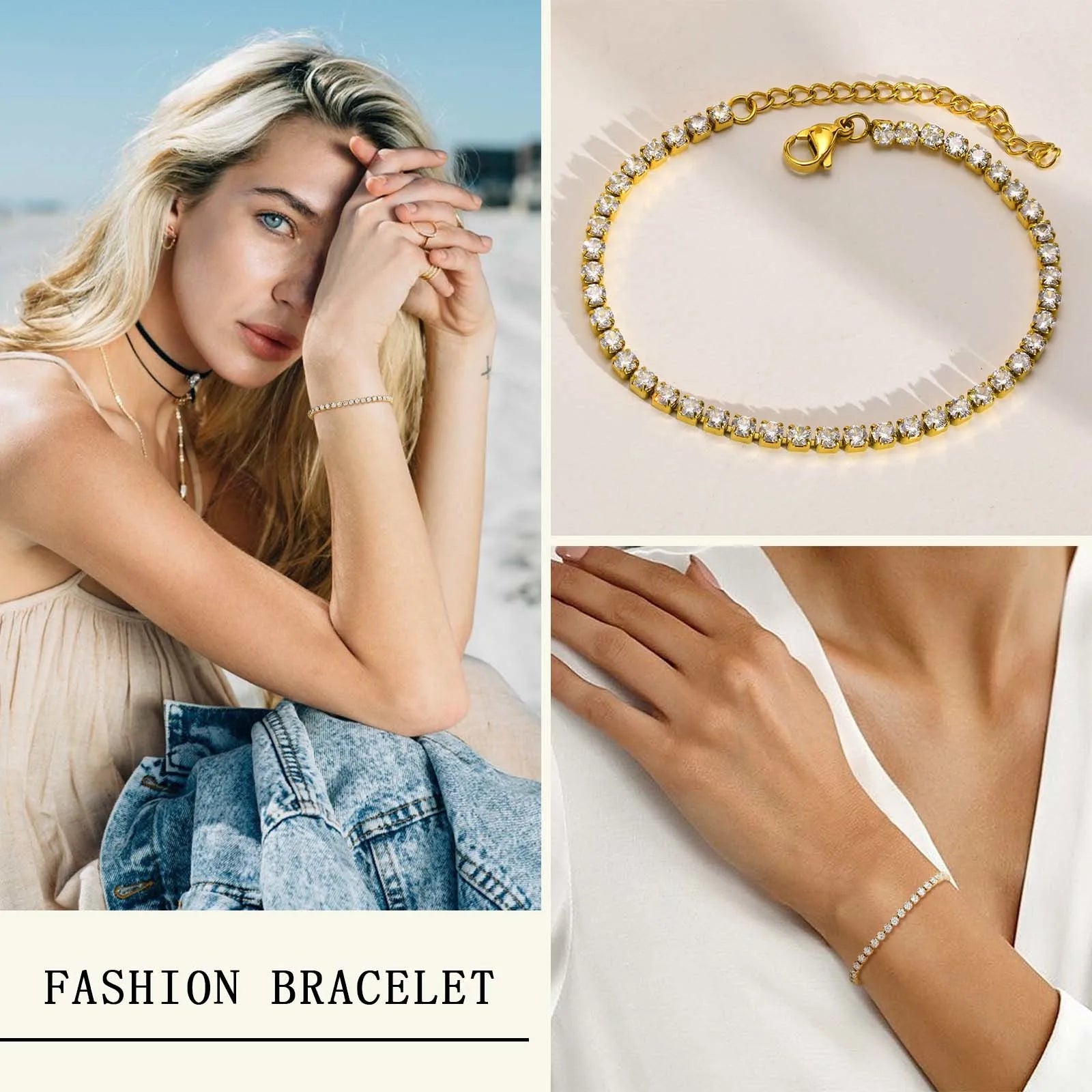 Tornozeleiras de corrente de tênis da moda Bling 3mm para mulheres, cor dourada de aço inoxidável elo ajustável praia férias joias para pés