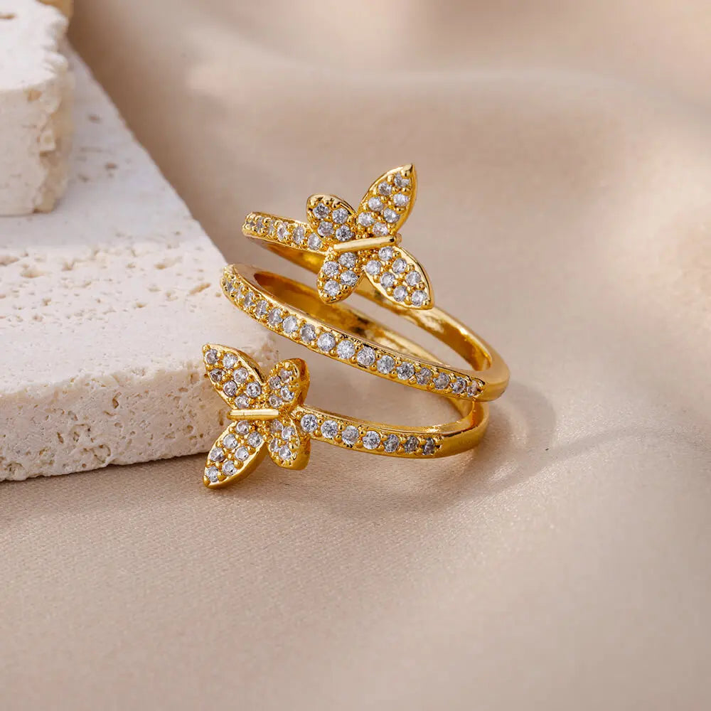 Anel Feminino Ajustável Borboleta com Zircônia