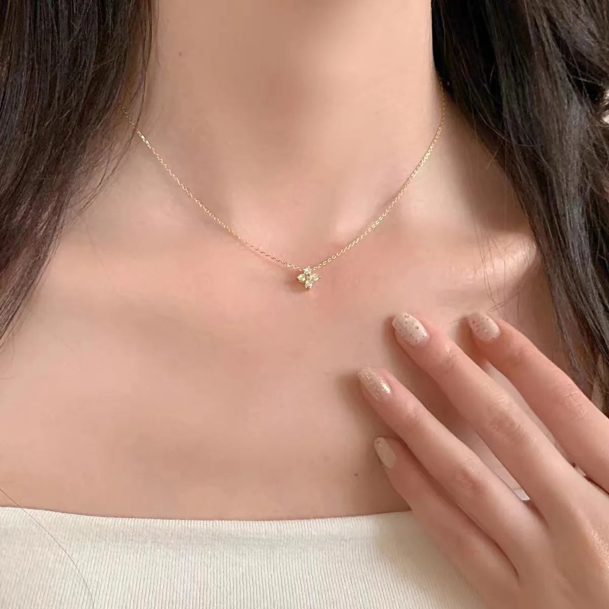 LGKGL-S925 Sterling Silver Plated 18K Conjunto De Colar De Ouro, zircão, Diamante Espumante Feminino, Grama De Quatro Folhas, Cadeia Colar Versátil