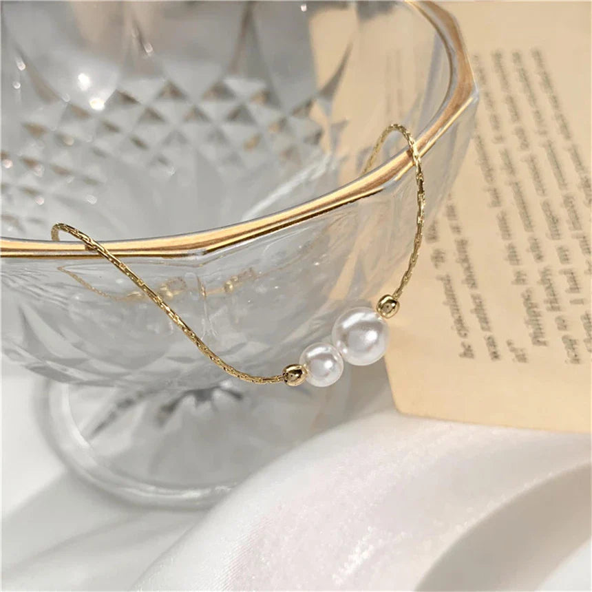 Pulseira de Ouro Feminina Ajustável Perolada