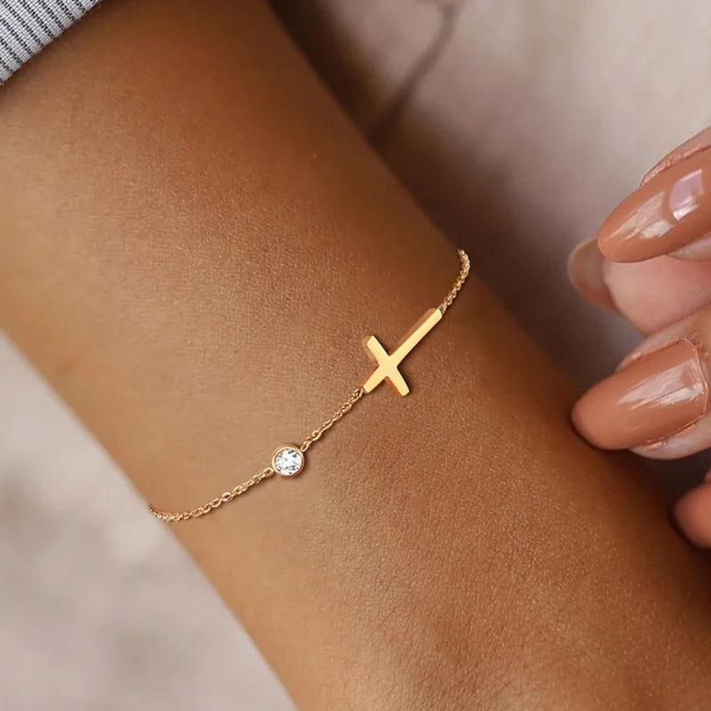 Feminino minimalismo corrente fina cruz lua crescente estrela pulseira, aço inoxidável feminino ligação ajustável empilhado em camadas