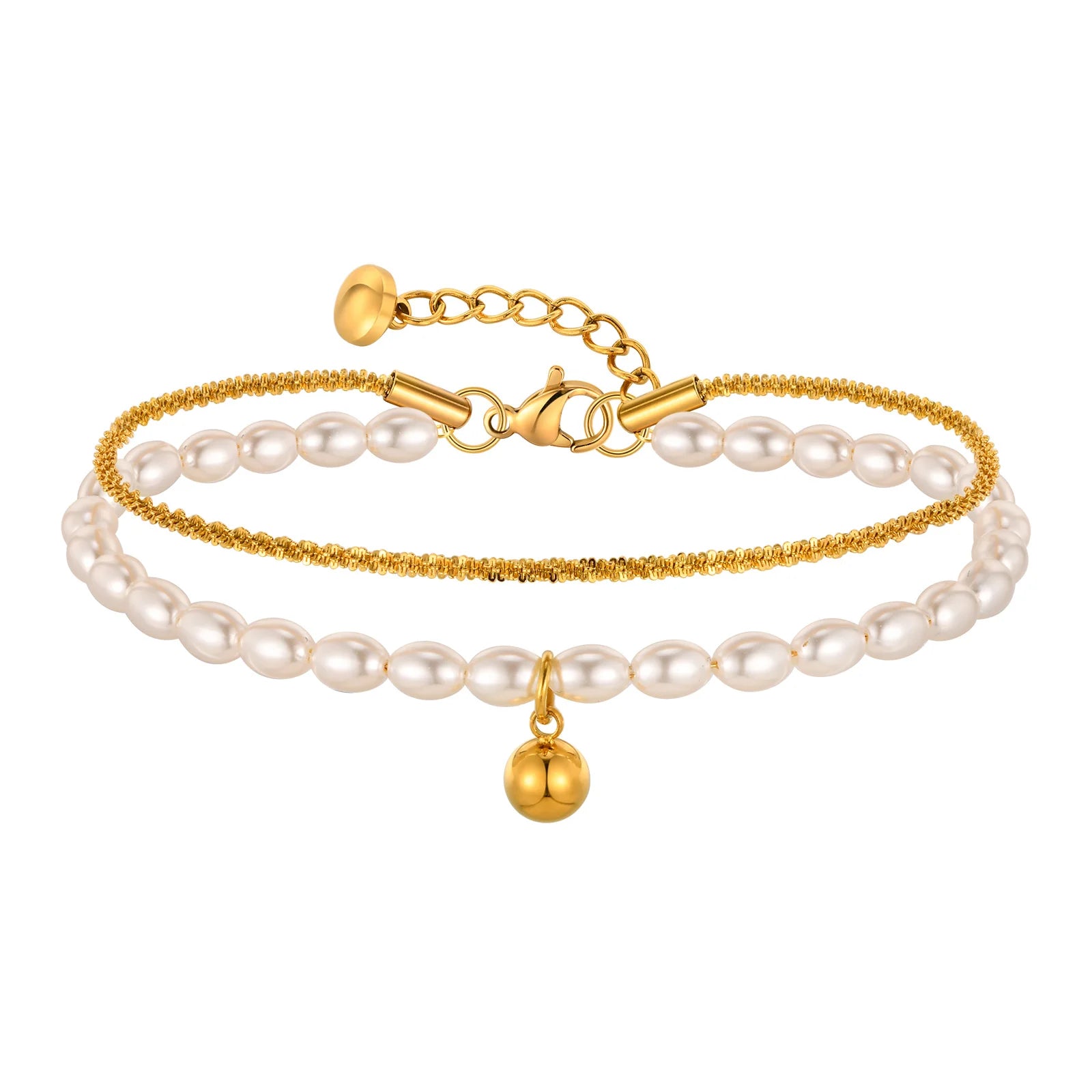 Pulseira empilhada de camada dupla, corrente de gypsophila de aço inoxidável, imitação de bola de pérola, pulseiras para mulheres, joias de cor dourada