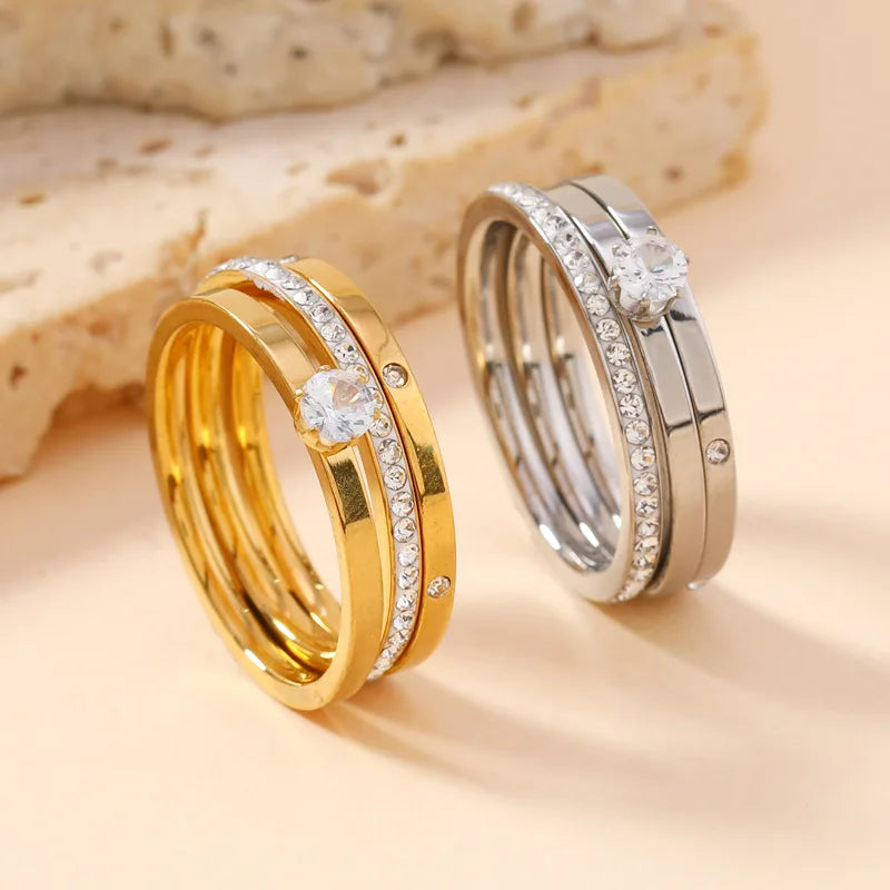 Anel de aço inoxidável de luxo para mulheres conjunto de três peças zircão clássico moda dedo acessório jóias presentes femininos