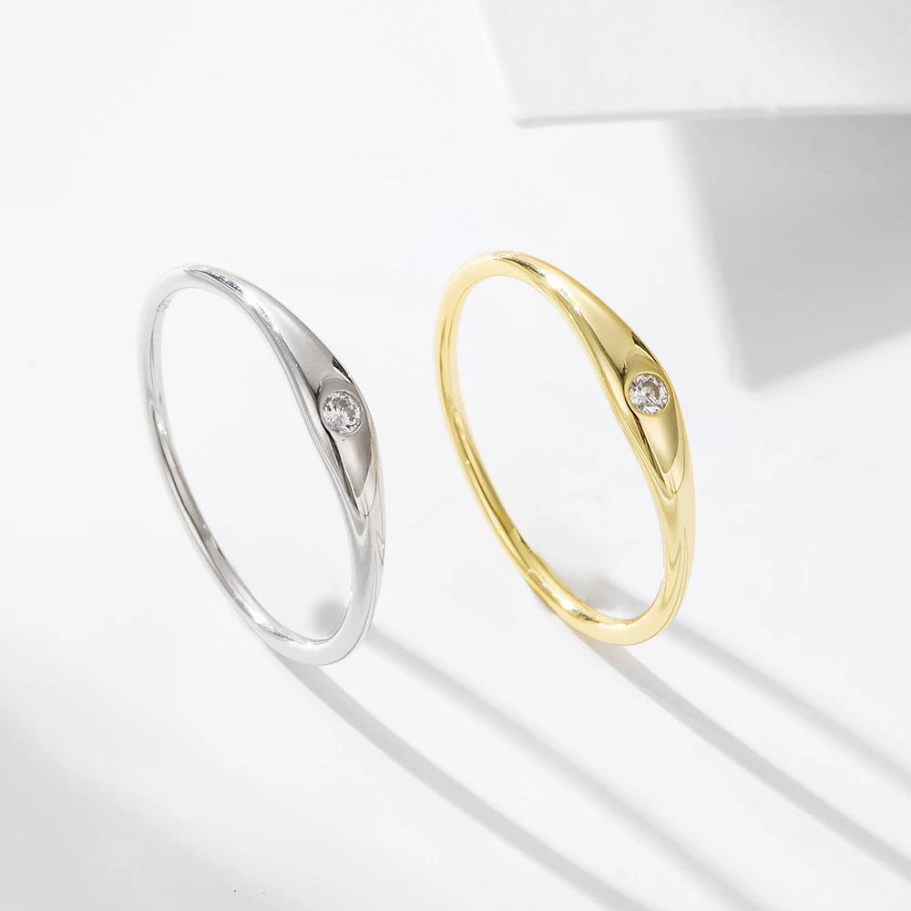 Prata esterlina 925 anéis finos para mulheres, jóias simples da moda, anéis de dedo simples de zircão, jóias banhadas a ouro