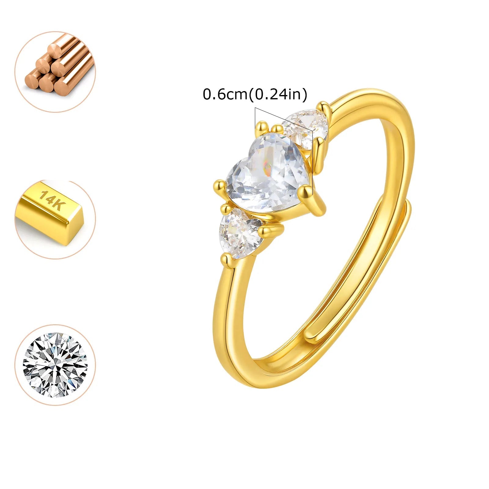 Vnox coração zircão promessa anel presente para esposa, faixa de dedo aberto ajustável, solitaire casamento banda presente de aniversário