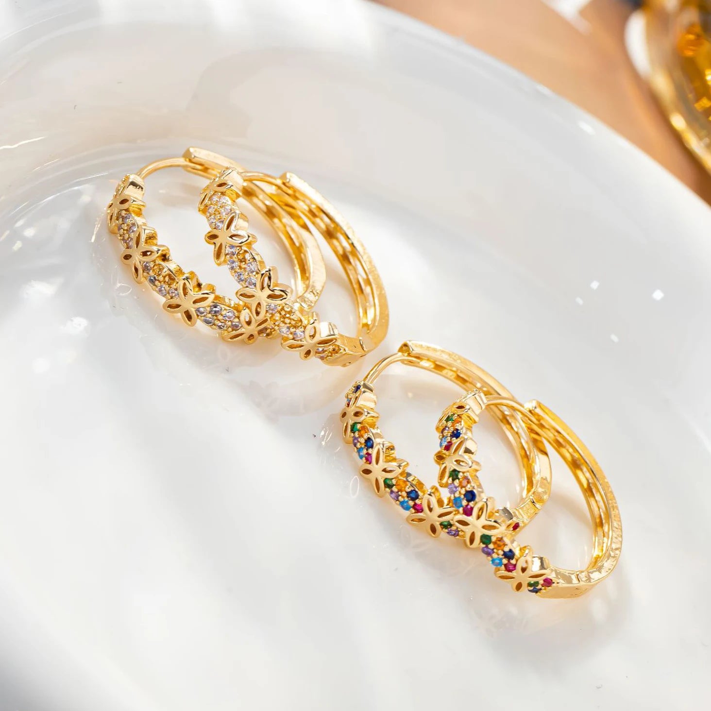 Declaração feminina arco-íris flor zircão pedra hoop brincos luxo glod cor jóias de casamento para mulher