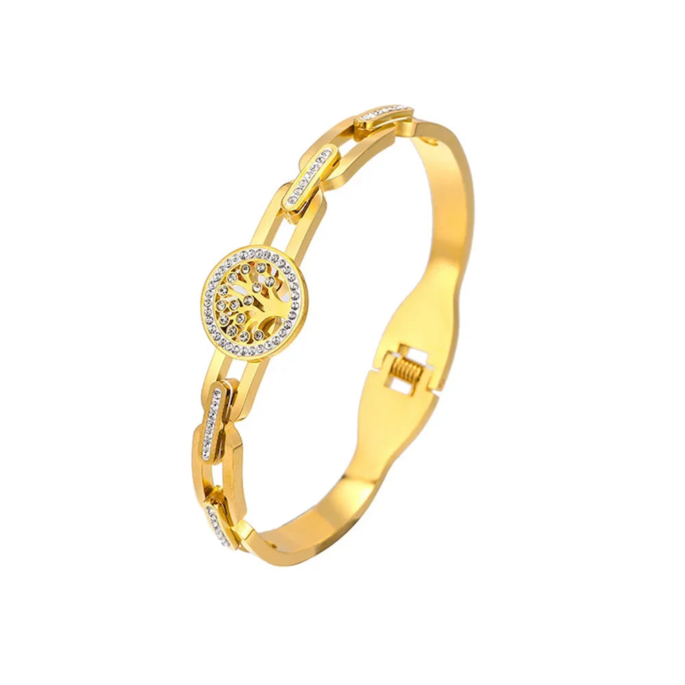 Pulseira luxuosa de aço inoxidável com árvore da vida, para mulheres e homens, zircônia cúbica dourada, sem desbotamento, cor da sorte, joias