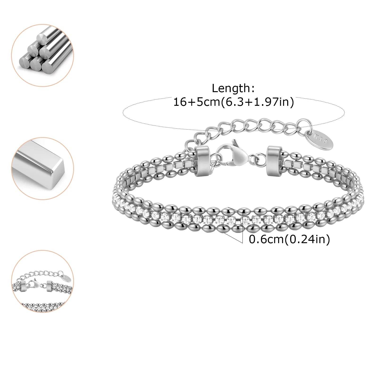 Pulseira de zircônia branca de contas de azeitona de fileira dupla de aço inoxidável para mulheres, pulseiras de corrente de tênis de cor dourada, joias clássicas presentes