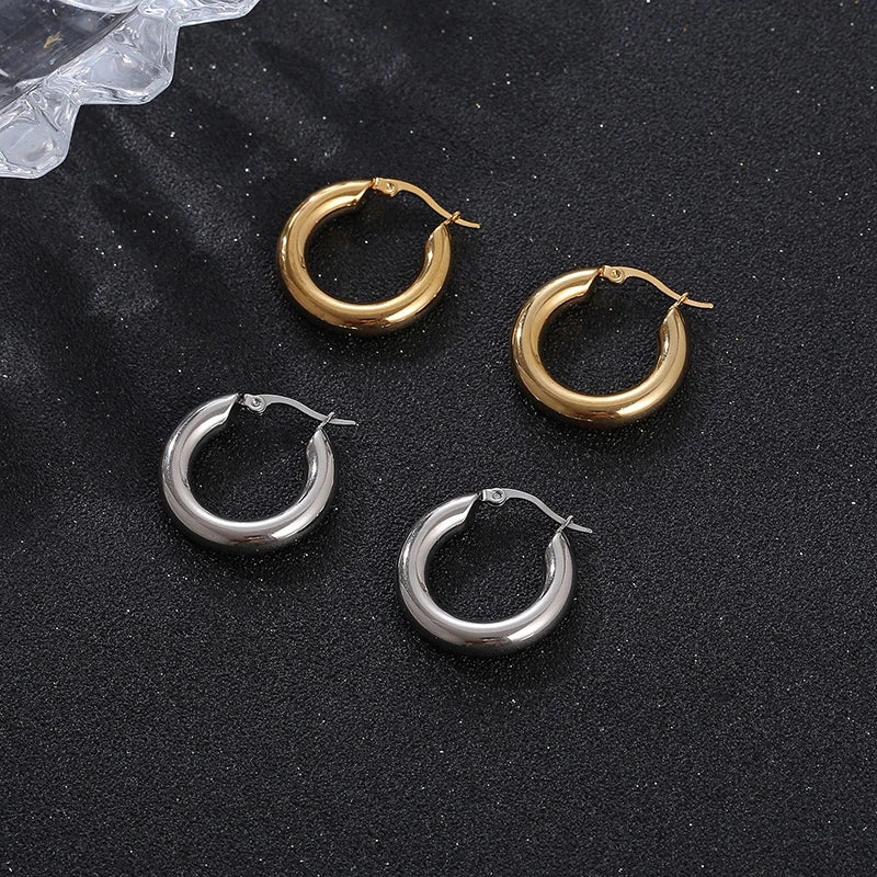Moda clássica suave redondo hoop brincos para mulheres de aço inoxidável 5mm grosso orelha fivela huggie brincos círculo jóias vintage