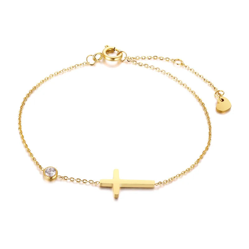 Feminino minimalismo corrente fina cruz lua crescente estrela pulseira, aço inoxidável feminino ligação ajustável empilhado em camadas