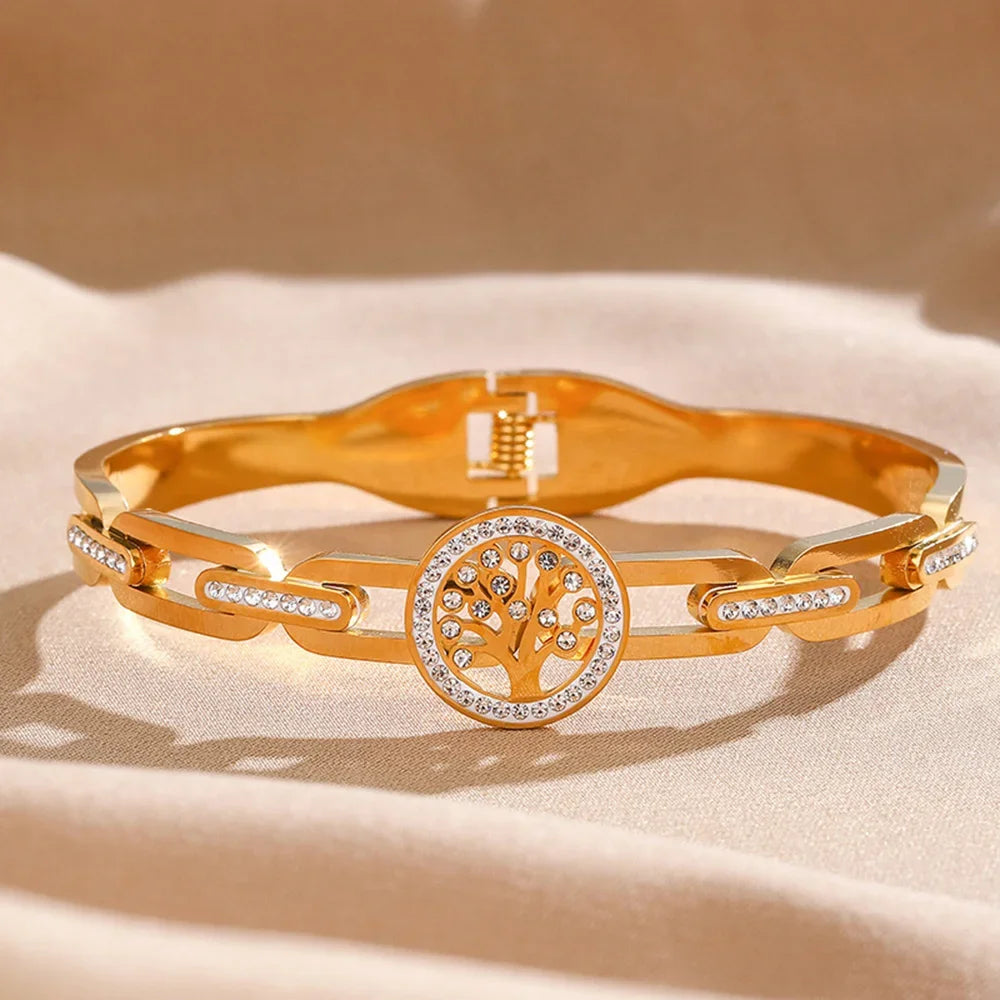 Pulseira luxuosa de aço inoxidável com árvore da vida, para mulheres e homens, zircônia cúbica dourada, sem desbotamento, cor da sorte, joias