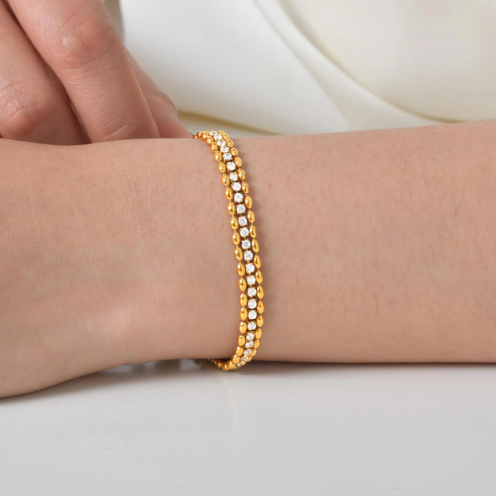 Pulseira de zircônia branca de contas de azeitona de fileira dupla de aço inoxidável para mulheres, pulseiras de corrente de tênis de cor dourada, joias clássicas presentes