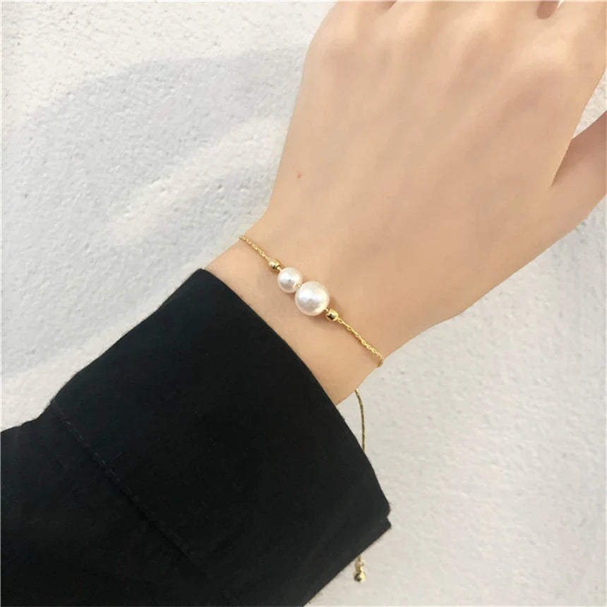 Pulseira de Ouro Feminina Ajustável Perolada