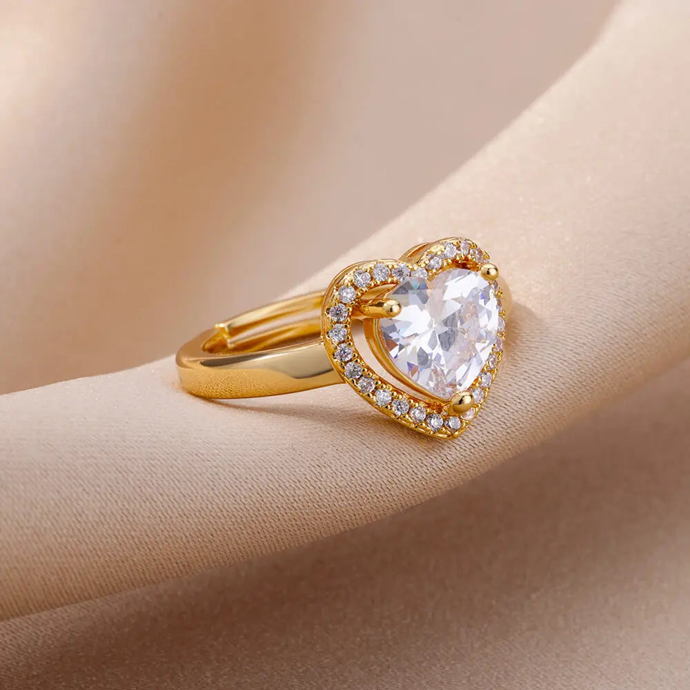 Anéis de coração de aço inoxidável para mulheres zircão banhado a ouro coração anel ajustável femme acessórios de festa de casamento jóias presente 2023