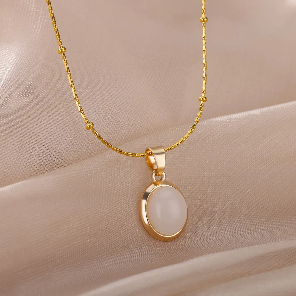 Moda pedra opala oval colar para mulheres de aço inoxidável cor ouro oval pedra pingente colar casamento jóias estéticas presente