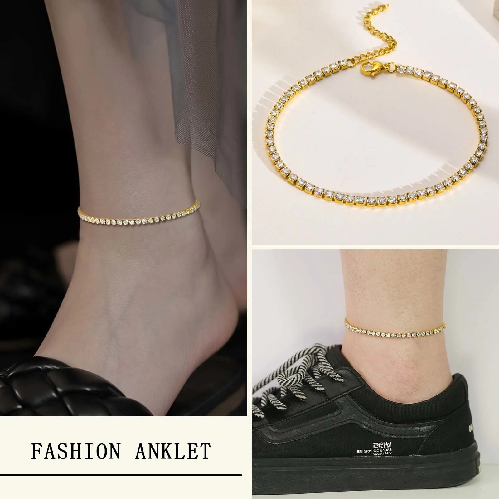 Tornozeleiras de corrente de tênis da moda Bling 3mm para mulheres, cor dourada de aço inoxidável elo ajustável praia férias joias para pés