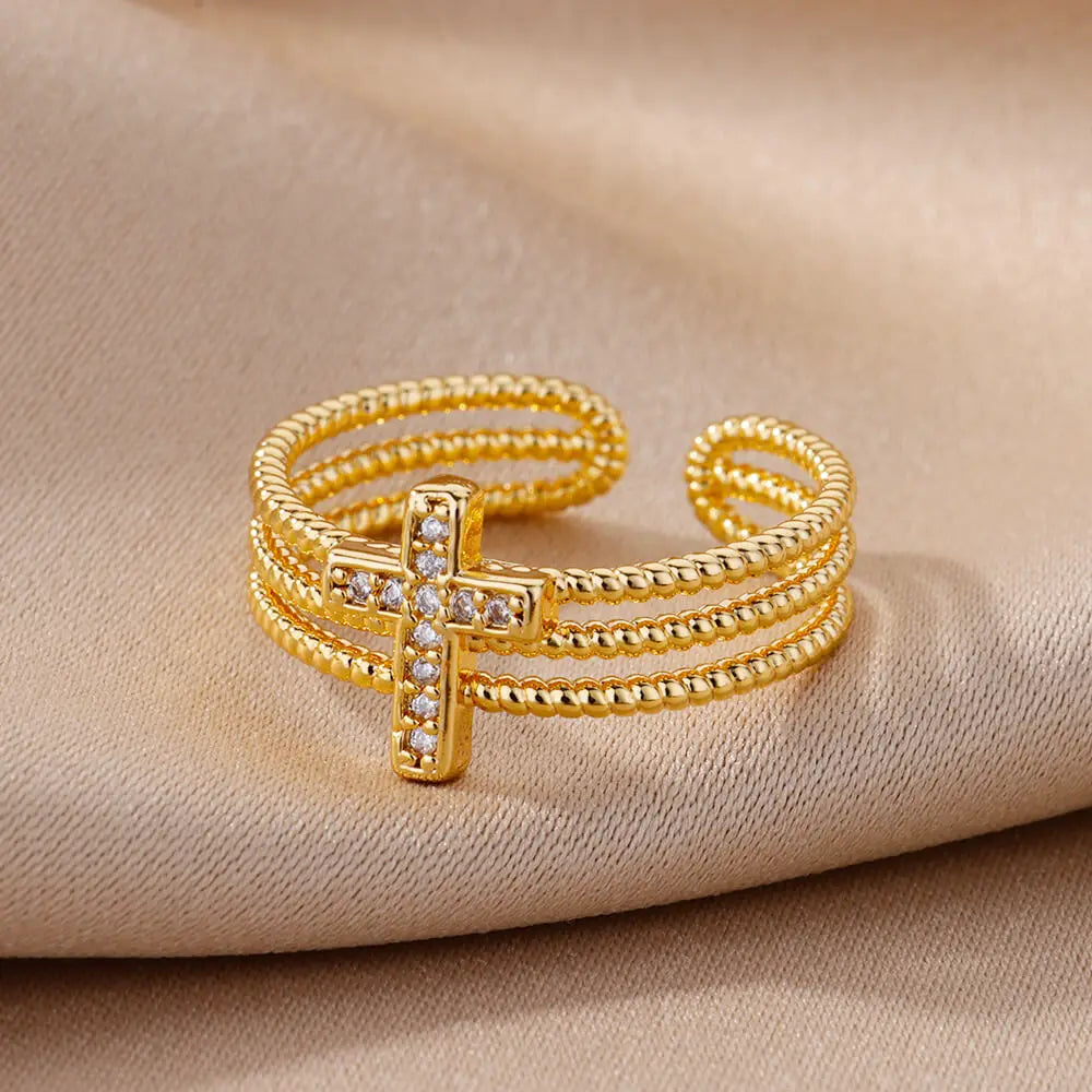 Anel Feminino Ajustável Cruz Cravejada