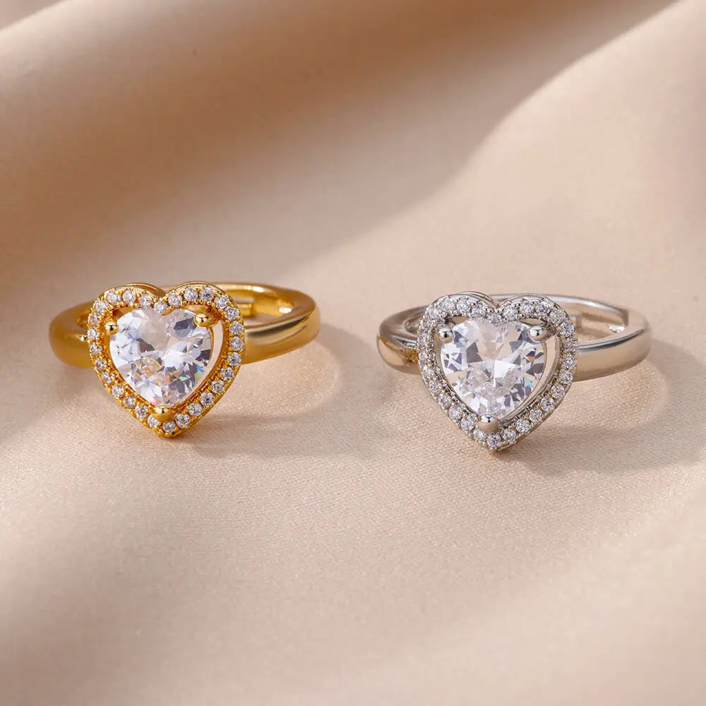 Anéis de coração de aço inoxidável para mulheres zircão banhado a ouro coração anel ajustável femme acessórios de festa de casamento jóias presente 2023