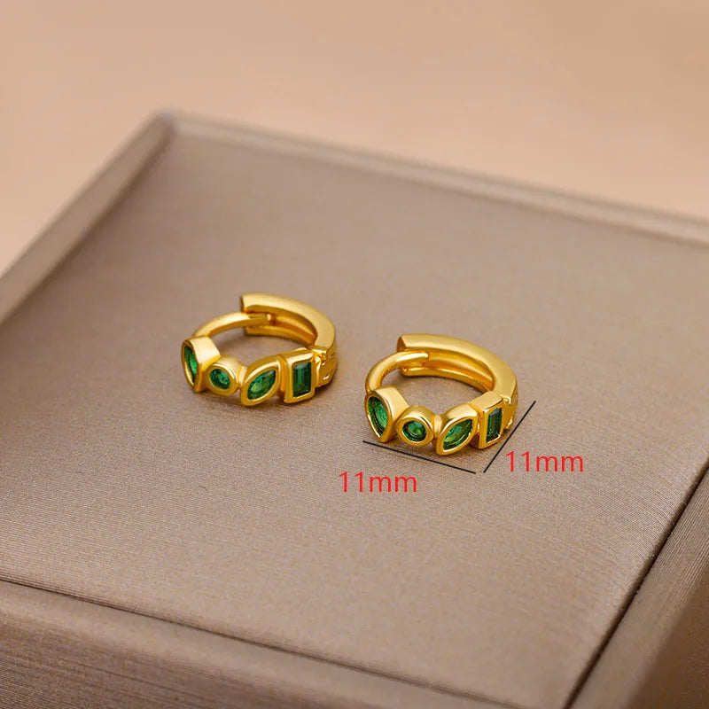 Mini brincos de argola pequenos de zircônia verde para mulheres, brincos de aço inoxidável banhados a ouro, joias estéticas, presente de casamento