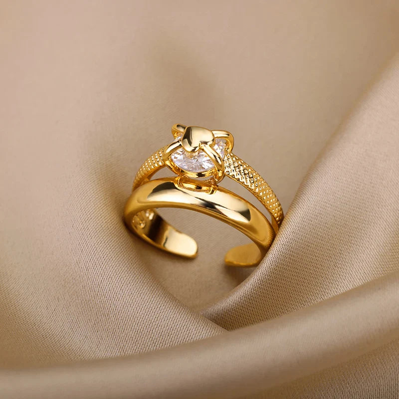 Anel Feminino Ajustável Duplo com Zircônia