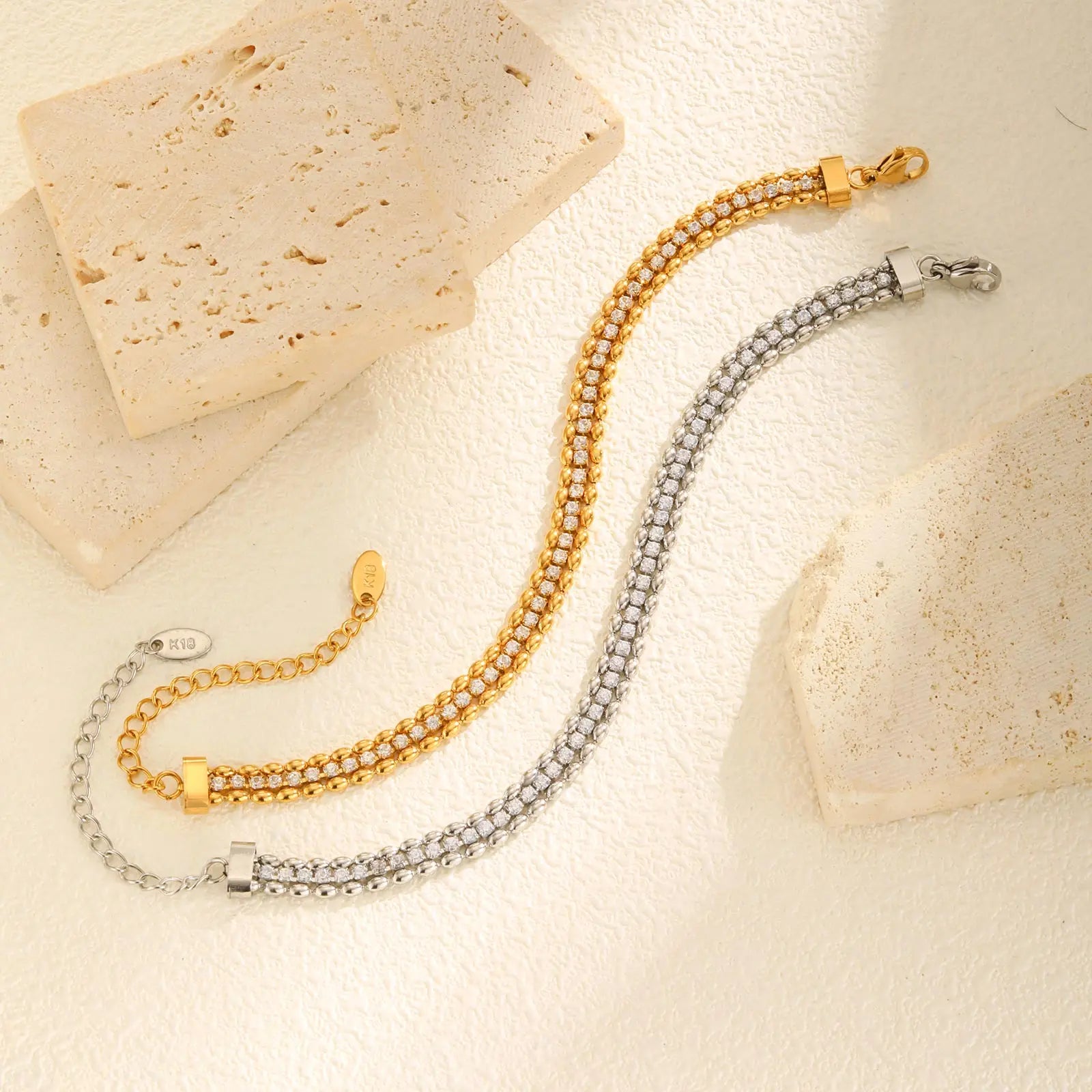 Pulseira de zircônia branca de contas de azeitona de fileira dupla de aço inoxidável para mulheres, pulseiras de corrente de tênis de cor dourada, joias clássicas presentes