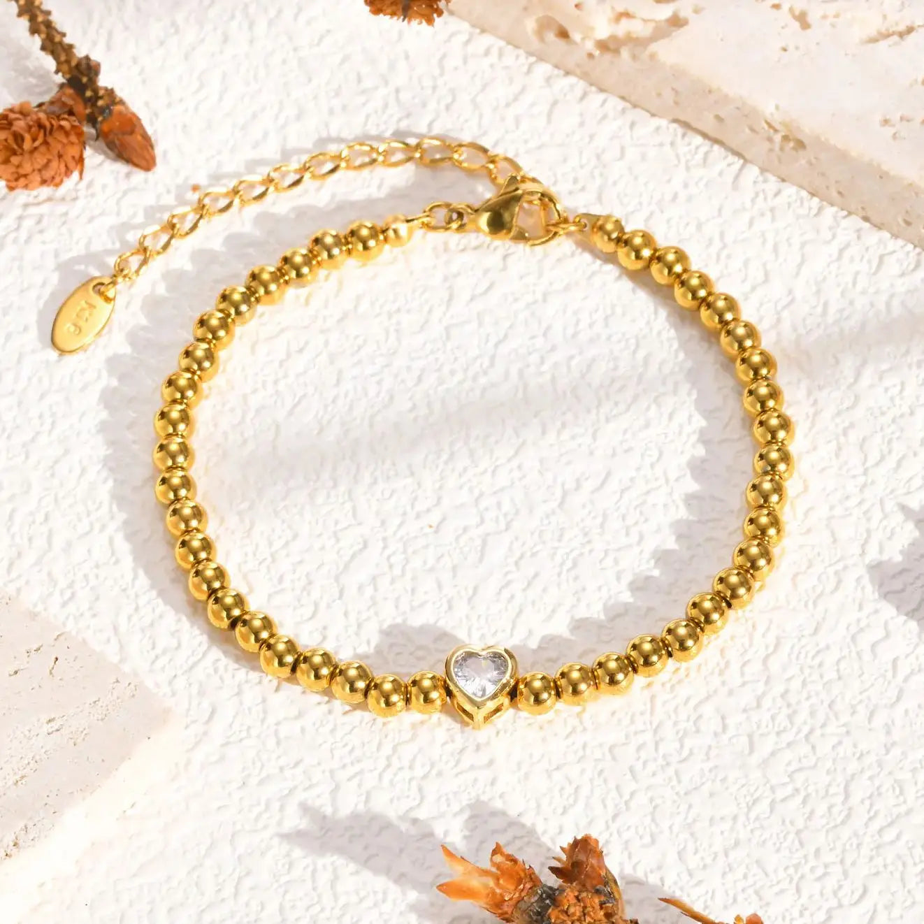 2025 chique zircão em forma de coração pulseira para mulher, aço inoxidável banhado a ouro bola frisada pulseira, presente de jóias de luxo