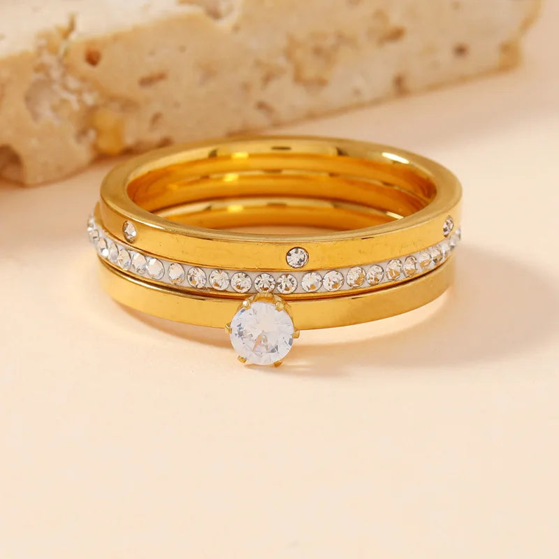 Anel de aço inoxidável de luxo para mulheres conjunto de três peças zircão clássico moda dedo acessório jóias presentes femininos