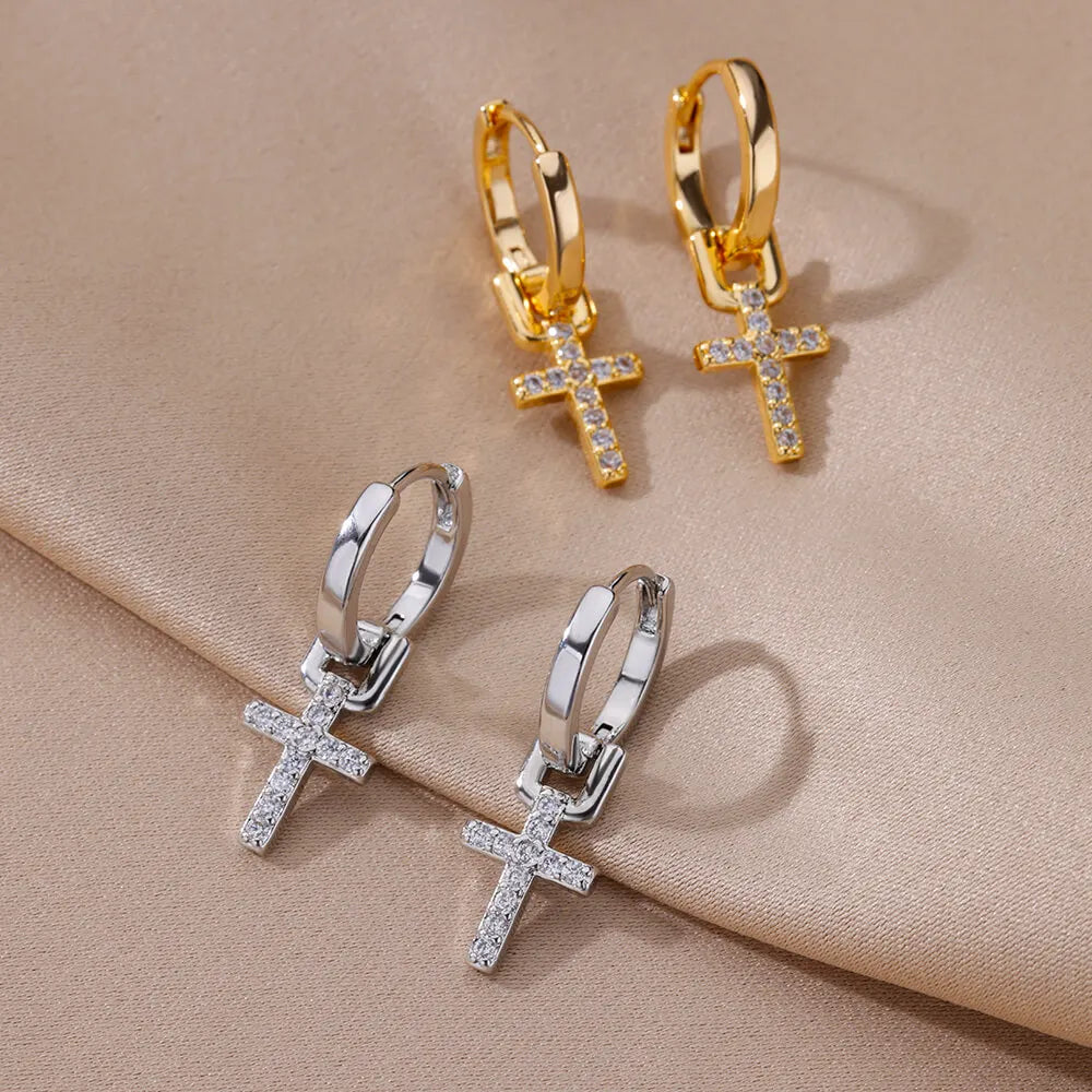 Zircão cruz balançar brincos para mulheres meninas brinco cruz de aço inoxidável 2023 tendência casal casamento jóias estéticas aretes