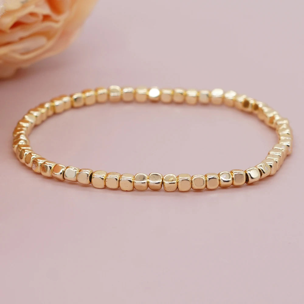 Go2boho pulseiras quadradas de pedra de hematita, contas douradas, empilhamento elástico, feito à mão, moda unissex, joias havaianas na moda