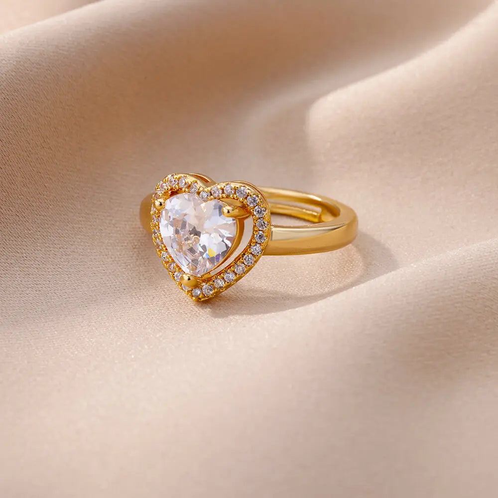 Anéis de coração de aço inoxidável para mulheres zircão banhado a ouro coração anel ajustável femme acessórios de festa de casamento jóias presente 2023
