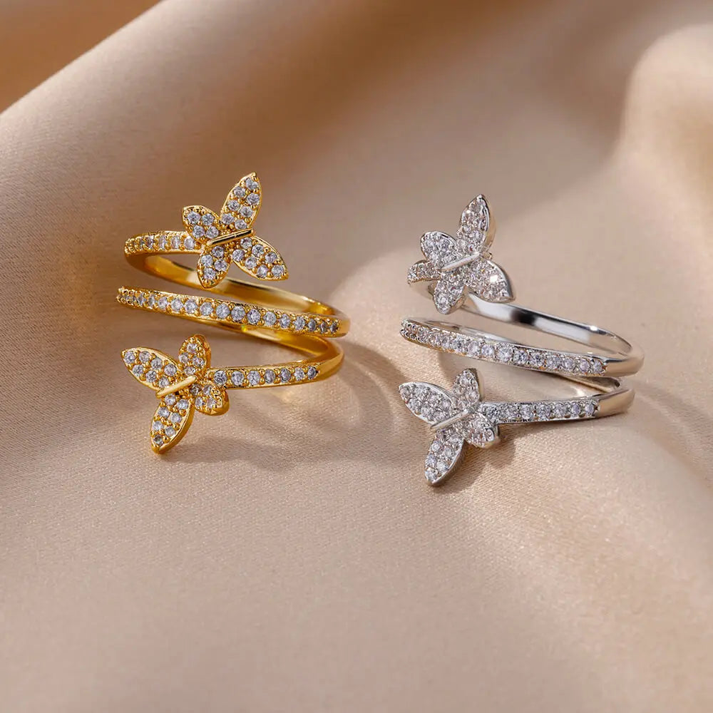 Anel Feminino Ajustável Borboleta com Zircônia