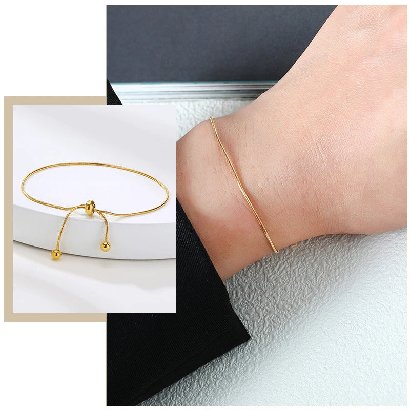 Pulseiras de corrente de cobra fina minimalista, para mulheres, comprimento ajustável, joia dourada, aço inoxidável, presentes de natal, ano novo