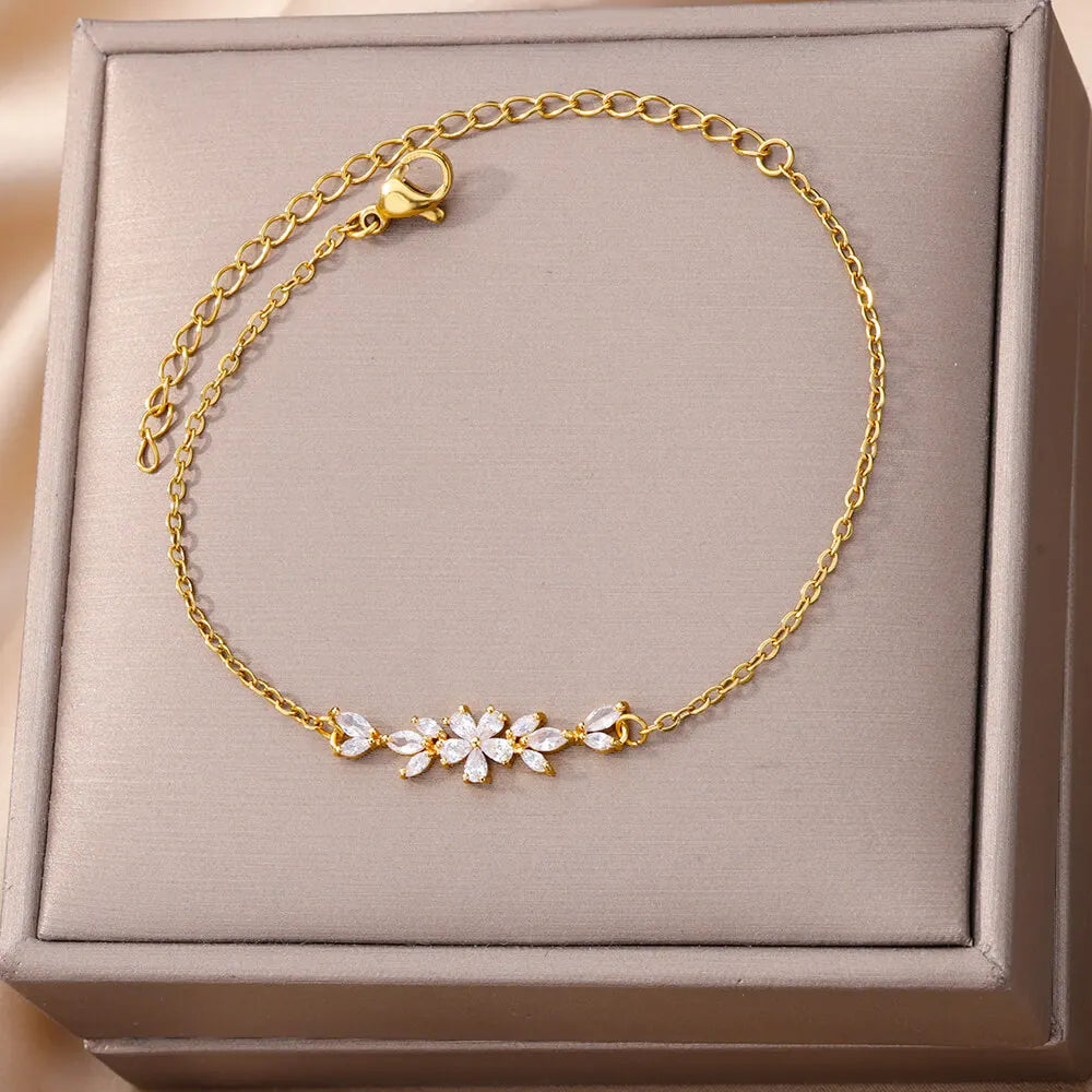 Pulseira de Ouro Feminina Floral Luxuosa