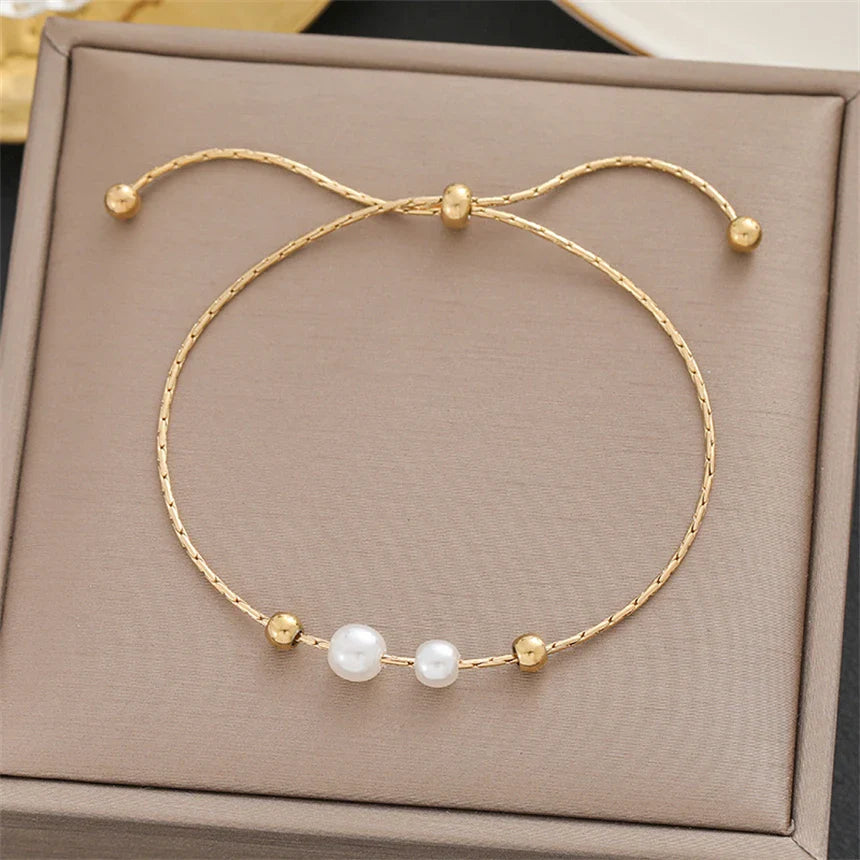 Pulseira de Ouro Feminina Ajustável Perolada