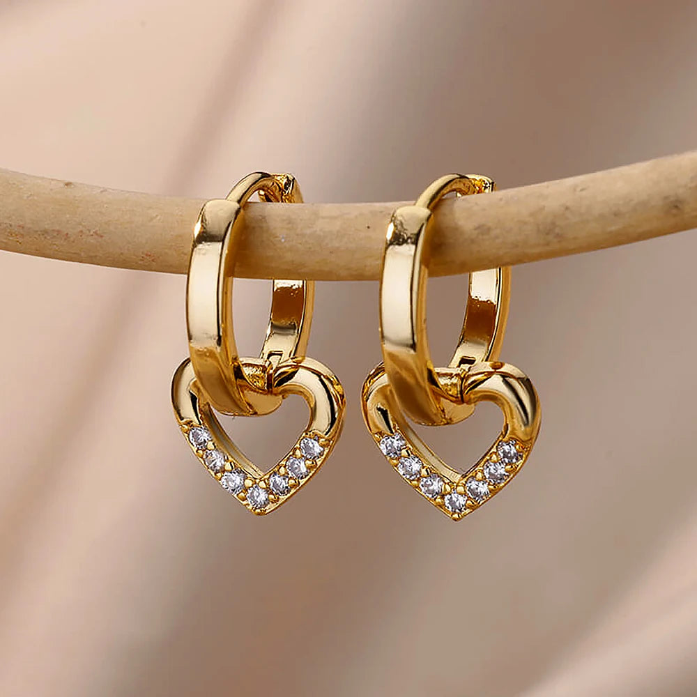 Brincos de coração de zircônia oca para mulheres, aço inoxidável, cor dourada, brinco de coração, luxo, casamento, casal, joias, presente, frete grátis
