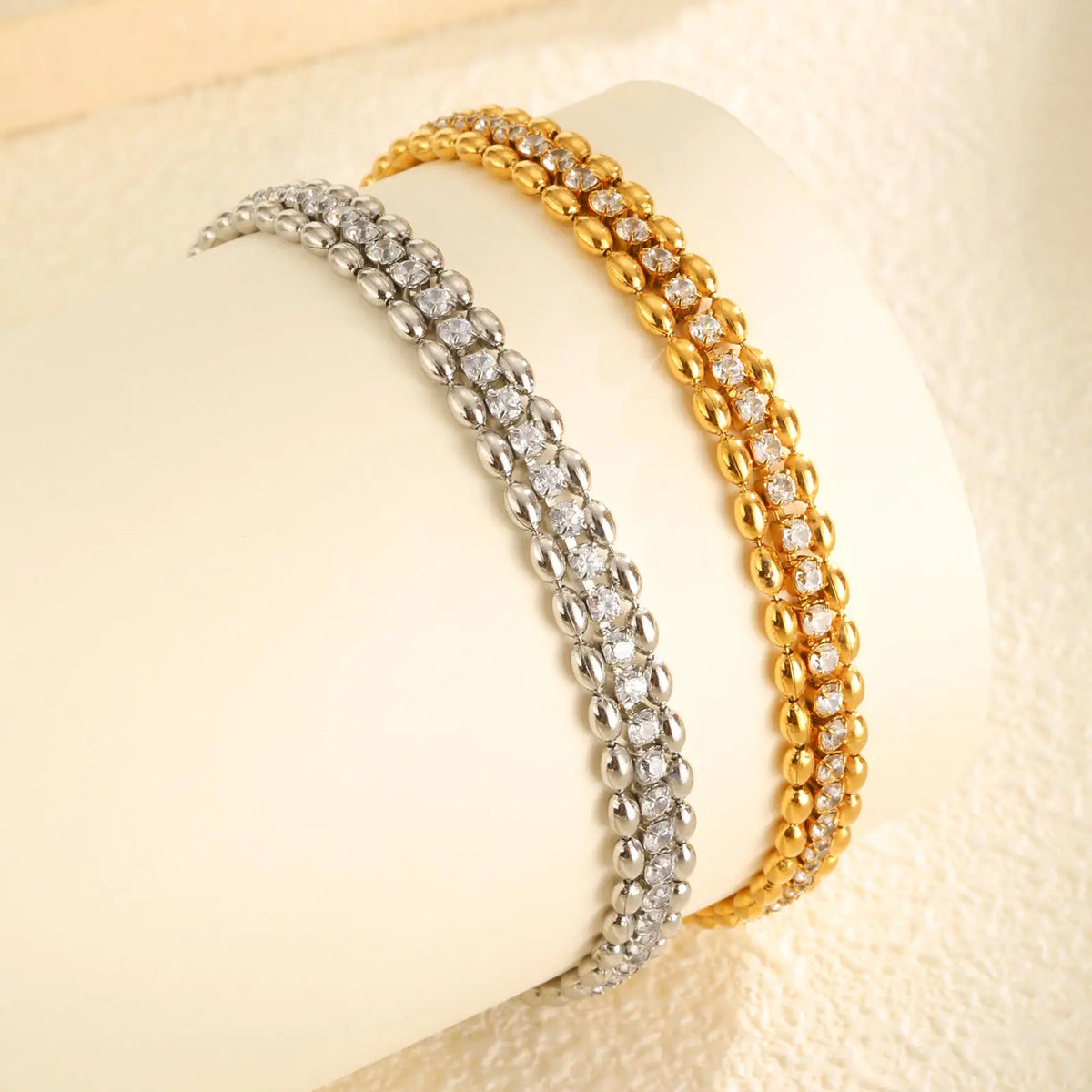 Pulseira de zircônia branca de contas de azeitona de fileira dupla de aço inoxidável para mulheres, pulseiras de corrente de tênis de cor dourada, joias clássicas presentes