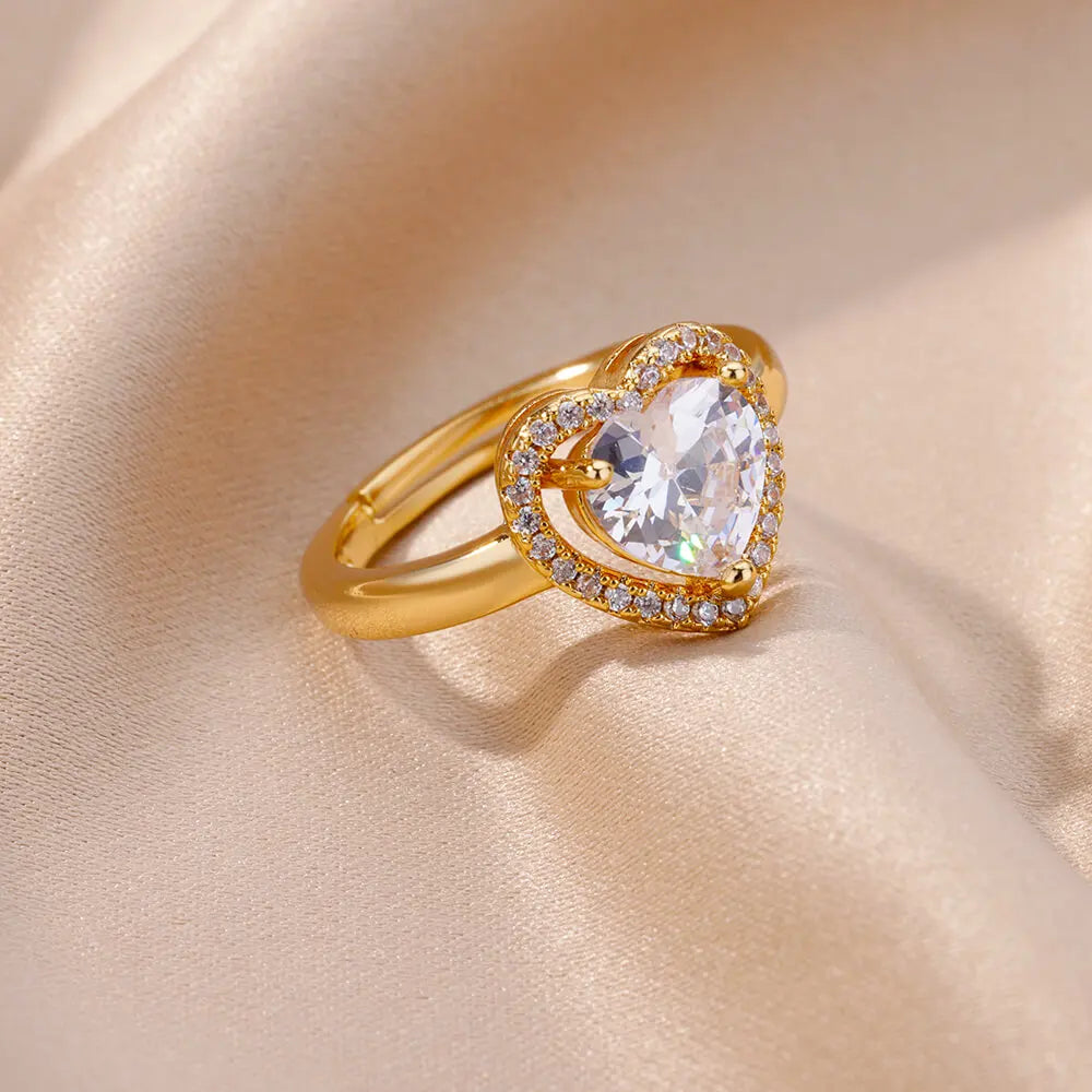 Anéis de coração de aço inoxidável para mulheres zircão banhado a ouro coração anel ajustável femme acessórios de festa de casamento jóias presente 2023
