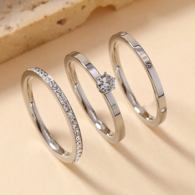 Anel de aço inoxidável de luxo para mulheres conjunto de três peças zircão clássico moda dedo acessório jóias presentes femininos
