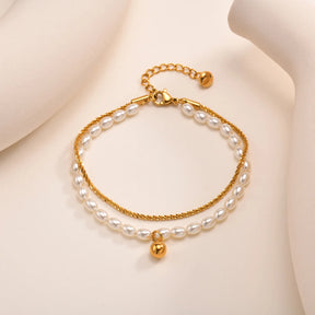 Pulseira empilhada de camada dupla, corrente de gypsophila de aço inoxidável, imitação de bola de pérola, pulseiras para mulheres, joias de cor dourada